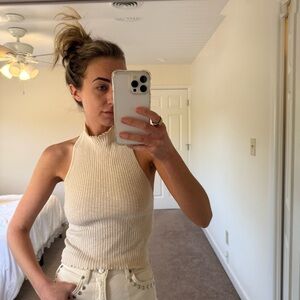 Women's Cream Ribbed Halter Top